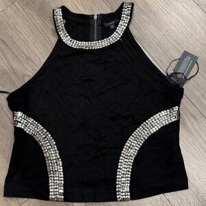 GUESS Black Rhinestone Embellished Crop Top - Size L - NWT